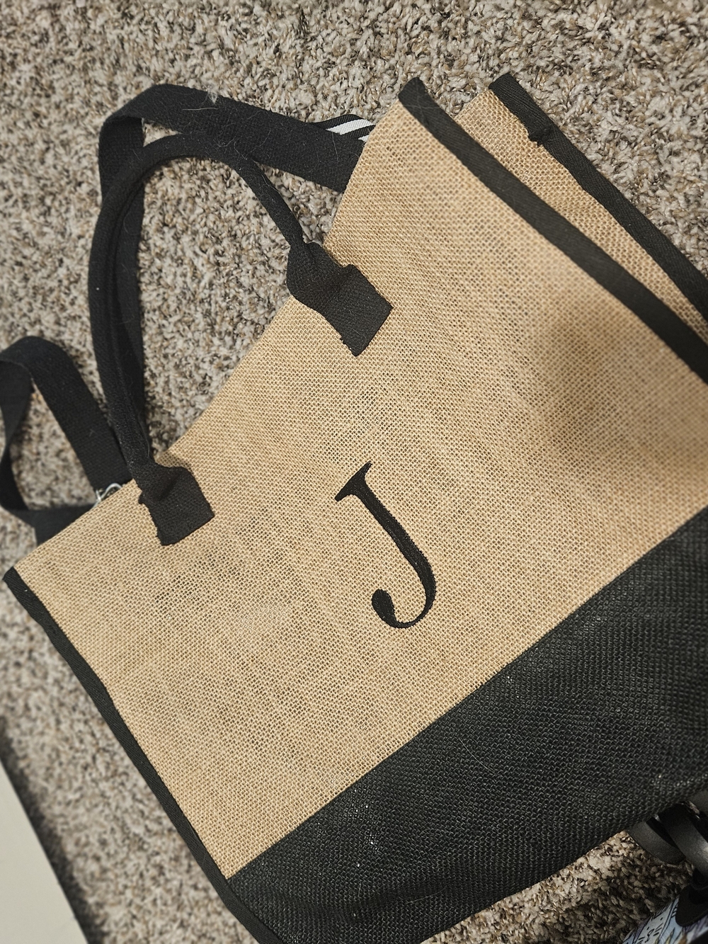 Source Unknown Natural Jute Tote with Black Trim - Monogram 'J'